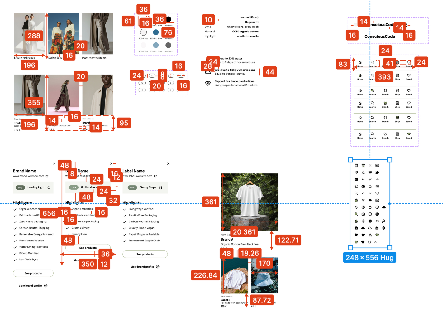 Selected components with measurements and states for the app