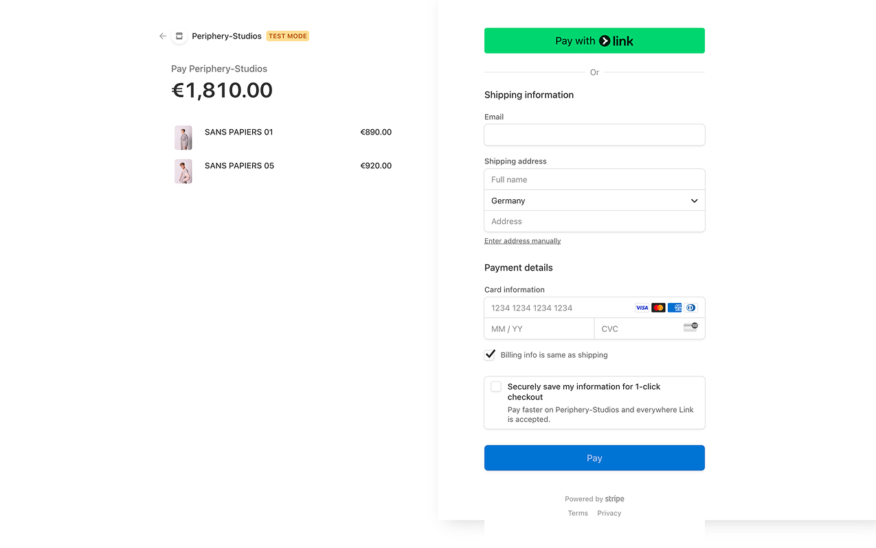 Stripe checkout integration with customized brand elements and seamless payment flow